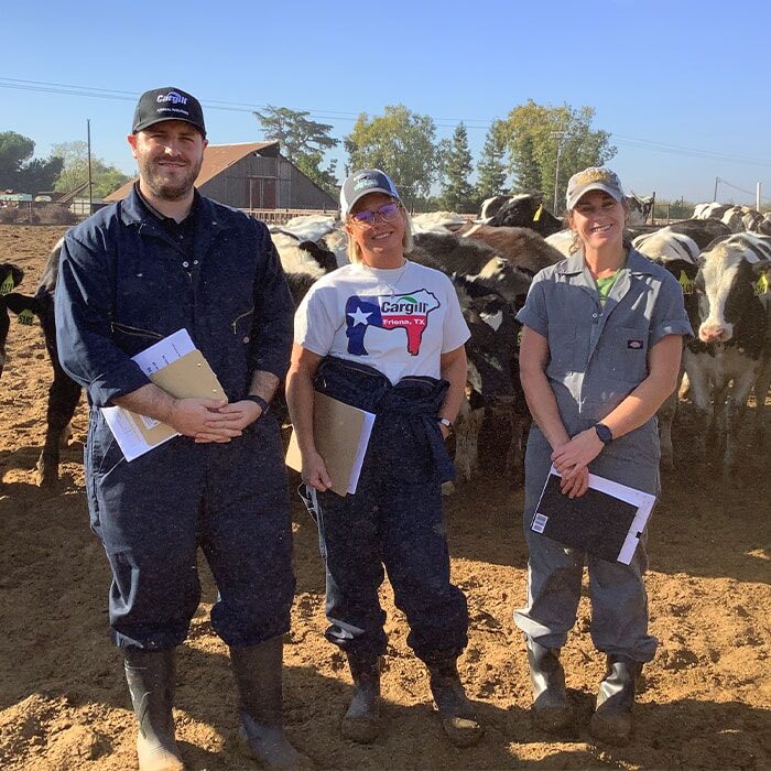 Three farmers in coveralls and baseball caps hold clipboards in front of a herd of cows.