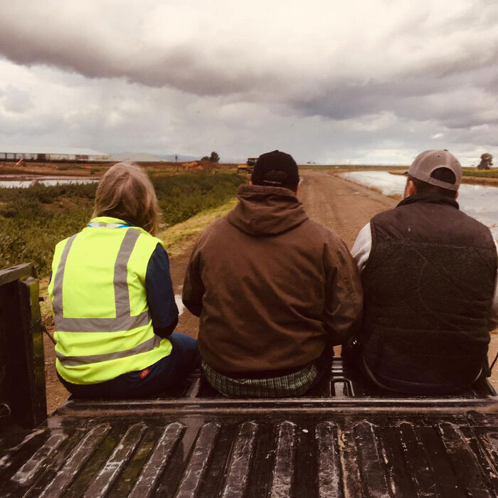 Three people, two wearing dark clothes and baseball caps and one wearing a bright green high vis vest, sit on the back of a pickup truck with their backs to the camera looking out at farm landscape.