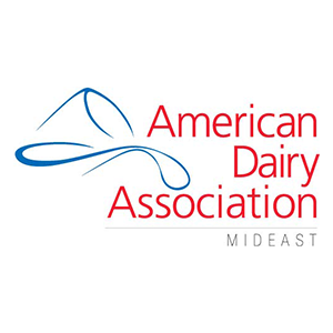 American Dairy Association Mideast logo with blue abstract lines and red text on a white background.