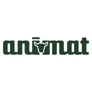 The word "animat" with a cow head forming the dot of the "i" and a bar above the "i".