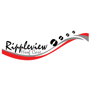 Logo for "Rippleview Hoof Care" with red and gray swooshes and stylized animal hoofprints above the text.