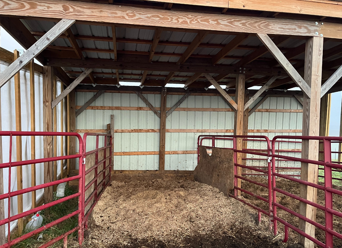 An empty livestock pen with red metal gates and a wooden roof inside a barn.