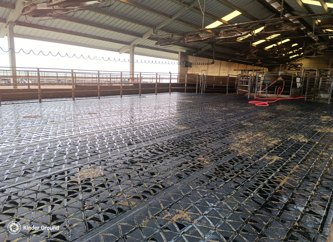 Spacious barn with a slatted rubber floor, metal railings, and farm equipment under a high roof.
